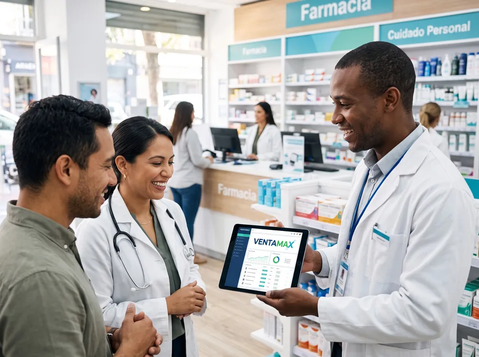 Ilustración de atención en farmacia con una pantalla VentaMax